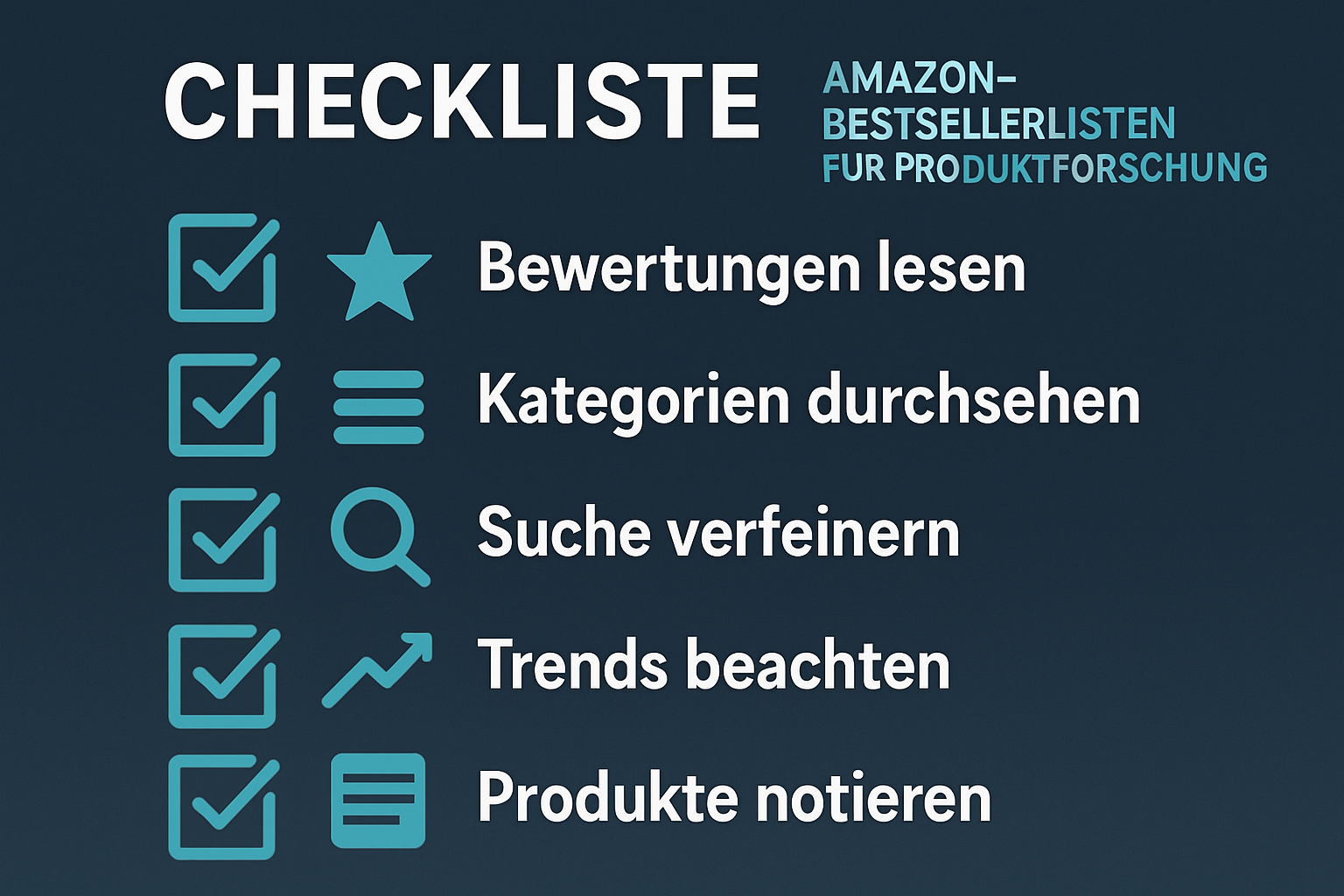 Checkliste für die Nutzung von Amazon Bestseller-Listen zur Produktfindung.