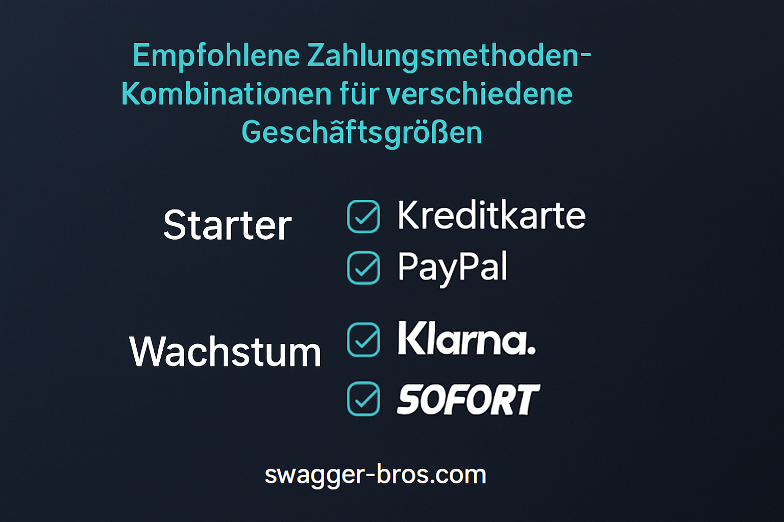 Eine Checkliste von empfohlenen Zahlungsarten-Kombinationen für Shop-Größen auf dunklem Hintergrund.