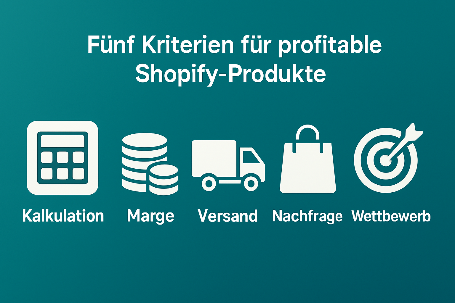 Darstellung der 5 Kriterien für profitable Shopify-Produkte mit Symbolen, auf Deutsch.