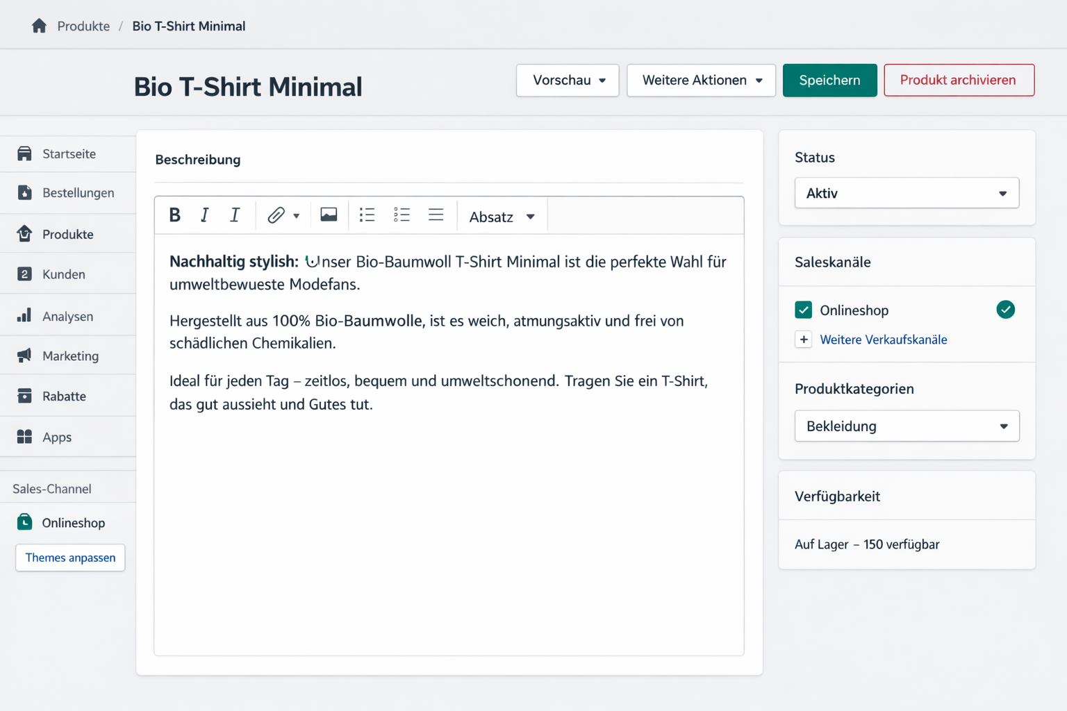 Shopify Admin mit automatischer Produktbeschreibung