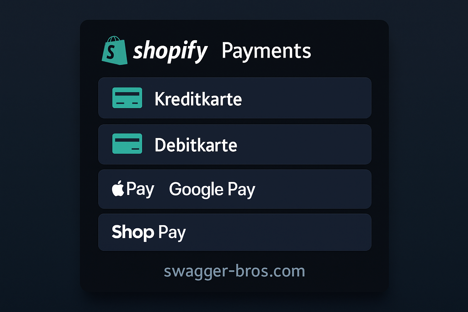 Shopify Zahlungsoptionen auf dunklem Hintergrund mit Akzentfarben visuell dargestellt.