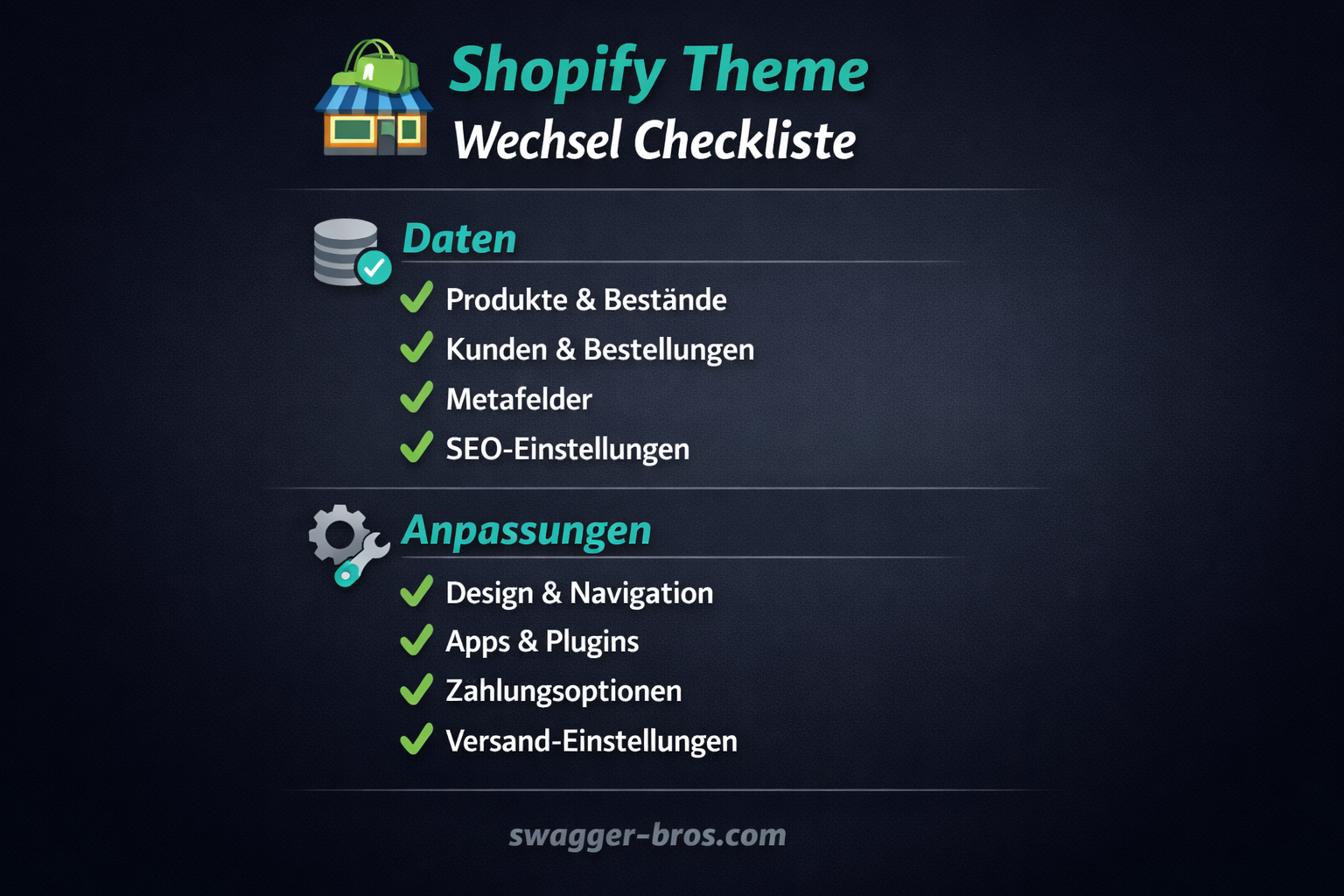 Checkliste für den Wechsel des Shopify Themes mit Hinweisen auf Datenerhalt und Anpassungen.
