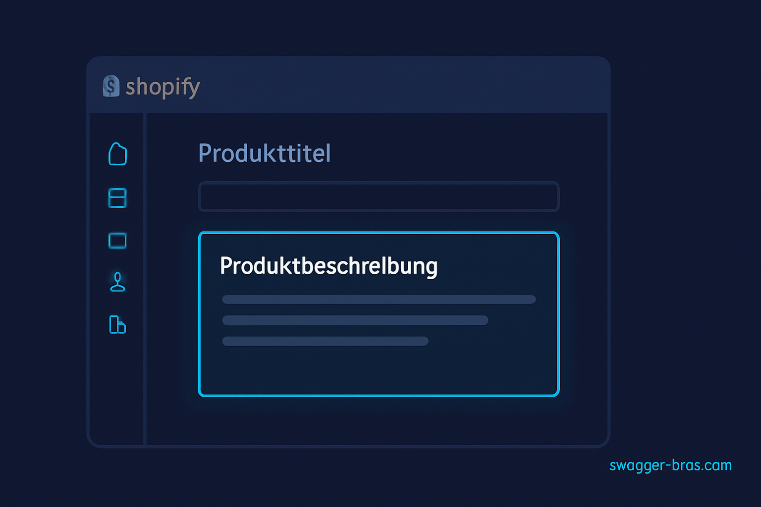 Shopify Produktseiten-Editor mit hervorgehobener Produktbeschreibung auf dunklem Hintergrund