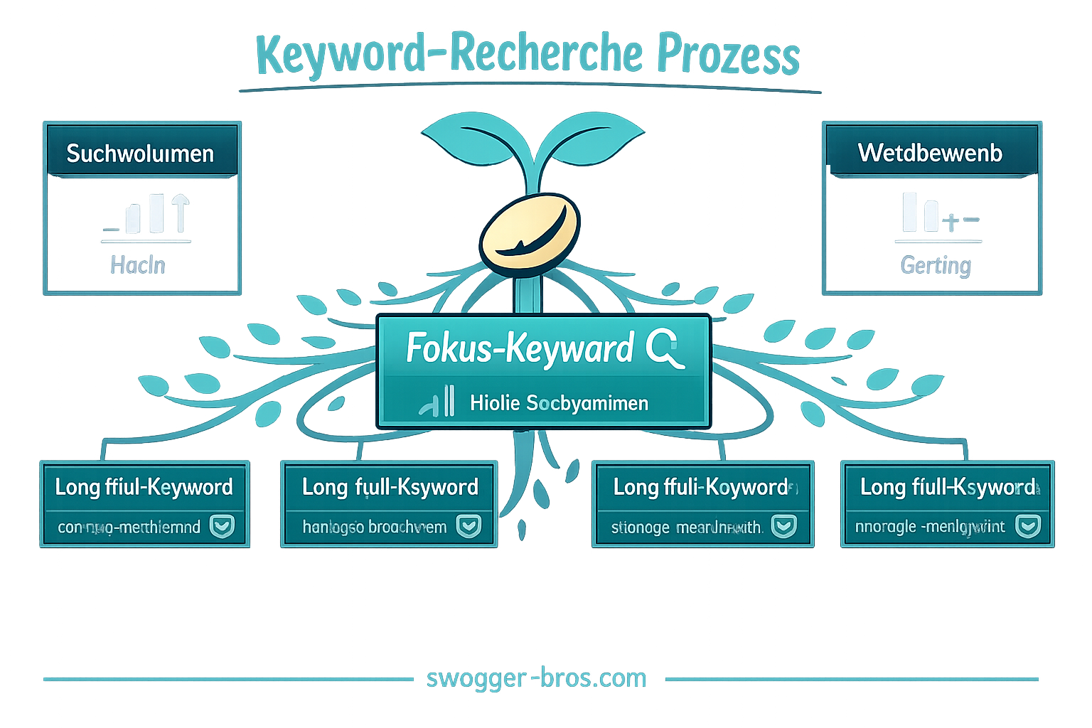 Keyword-Recherche Prozess vom Seed-Keyword zu Fokus-Keyword und Long-Tail-Keywords visualisiert